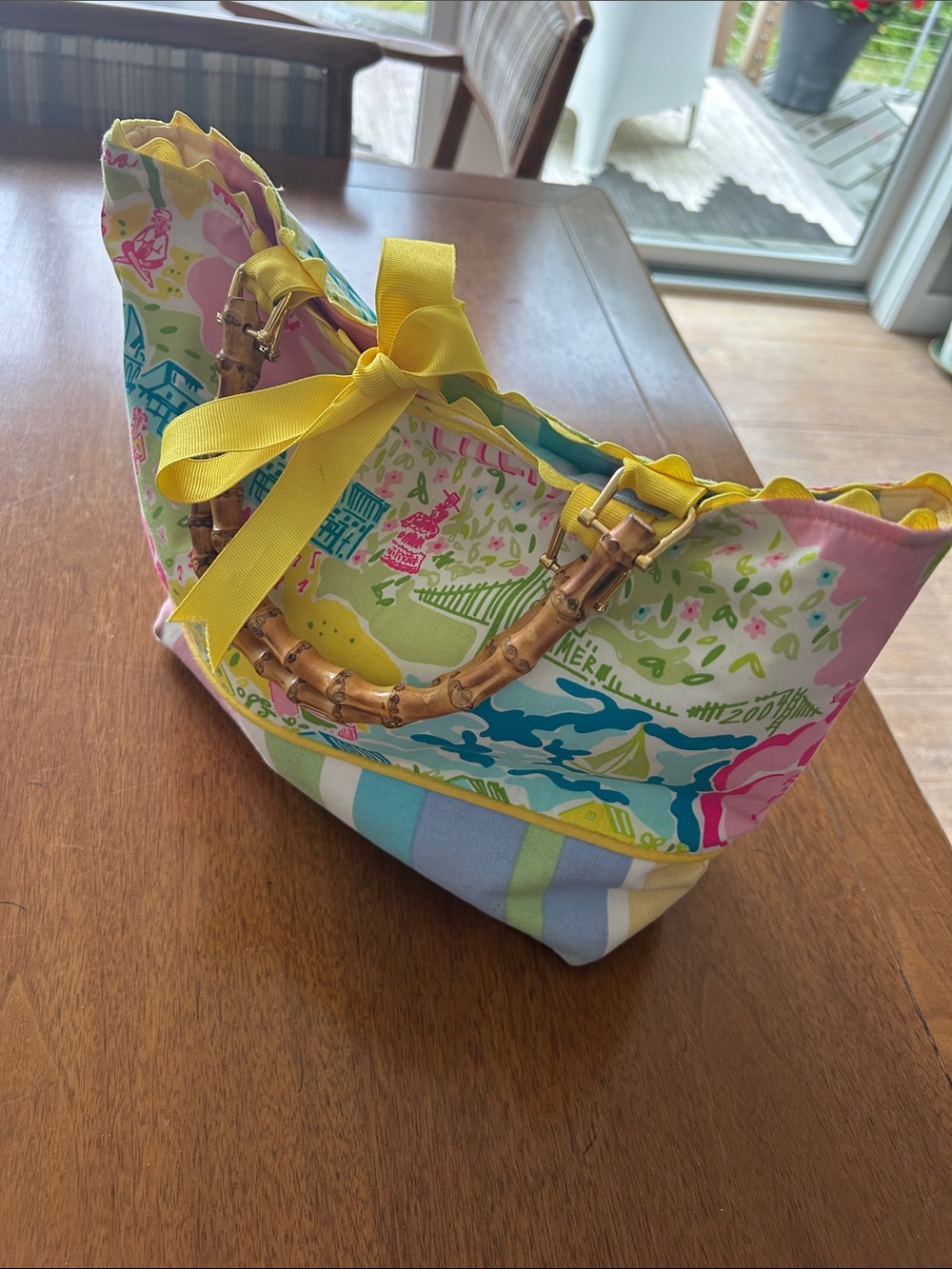 Lilly Pulitzer Multicolor Floral Canvas Tote with Bamboo Handles and Yellow Bow